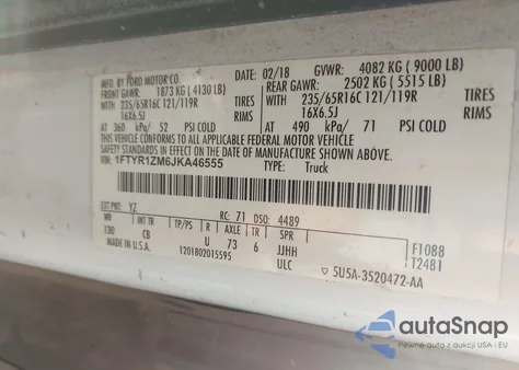 2018 Ford Transit-250 из США, поврежденный, VIN 1FTYR1ZM6JKA46555